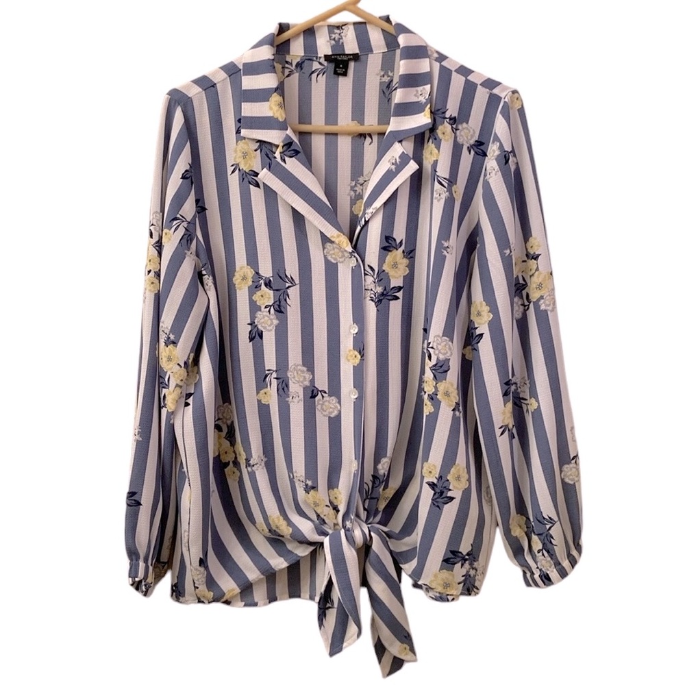 Ann Taylor Blouse Blue White Stripe Floral Tie at Waist Long Sleeve WM SZ M 💛